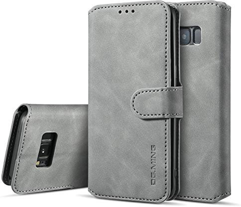 UEEBAI Handyhülle für Samsung Galaxy S8, Hülle Retro Premium PU Leder Weich Klapphülle Magnetverschluss Wallet Kartenfach Standfunktion Cover Anti Kratzern Flip Case Trageband Schutzhülle - Grau