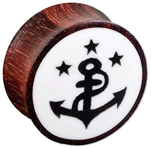viva-adorno 1 Stück Double Flared Plug Flesh Tunnel Holz Anker Sterne Ohr Piercing handgefertigt Maritim Größe 6-30mm Z482, weiß, Anker schwarz 22mm