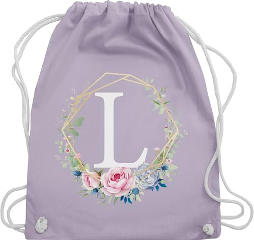 Turnbeutel Rucksack - Geschenk Initialen - Tasche - Blumenkranz mit Buchstabe L - Unisize - Pastell Lila - gym sack taschen turnen beutel uni baumwolle kordel kinder kordelzug stoff einfarbig