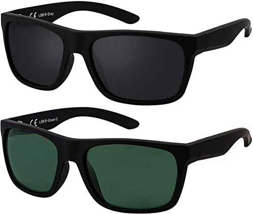 La Optica B.L.M. Herren Sonnenbrille UV400 Männer Sportbrille Fahrradbrille - Doppelpack Set Gummiert Schwarz (Gläser: 1 x Grau, 1 x Grün Klassisch)