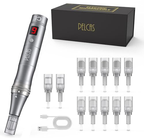 9 Vitesses Stylo Beauté Microneedling, PELCAS Appareil de Soin du Visage et du Corps avec Écran LCD et 12 Embouts, Réglage Personnalisé