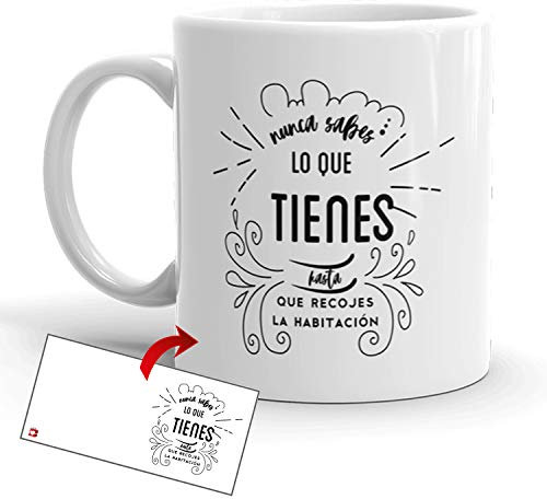 Kembilove Tazas de Desayuno Simpáticas – Tazas de Café Divertidas y Graciosas con Mensaje Nunca Sabes lo Que Tienes, hasta Que recoges la habitación – Tazas Originales de cerámica de 350 ml