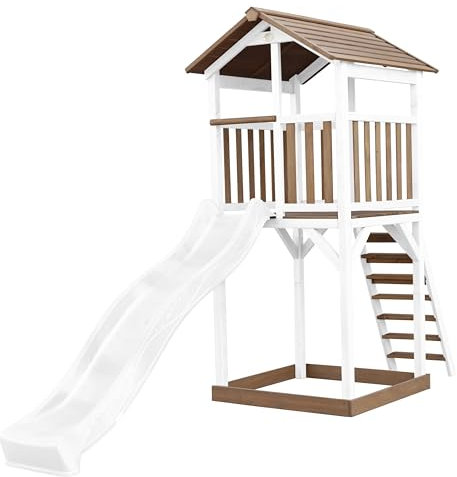 AXI Beach Tower Wooden Play Tower in Brown and White | Play tower with sandpit and white slide | Play house on stilts for the garden