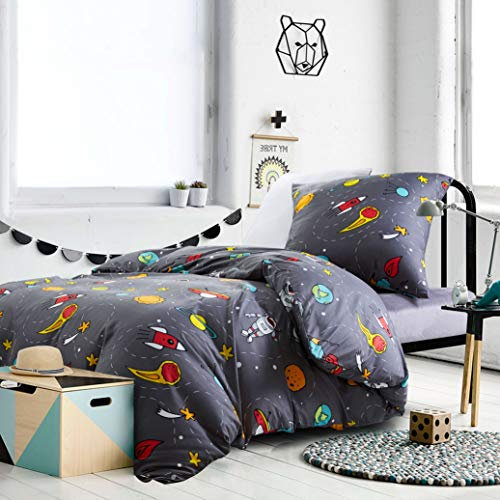 Sacebeleu Kinder Bettwäsche 135x200cm Jungen Grau Weltraum Weltall Sternenhimmel Universum Sterne Astronat Rakete Planeten Muster Bettbezug und Kissenbezug 80x80cm mit Reißverschluss