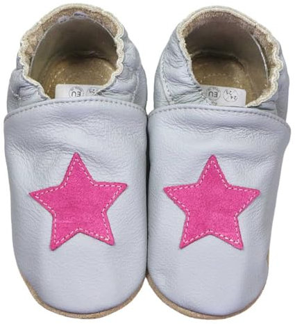 HOBEA-Germany Kitaschuhe Safestep, Kinderhausschuhe, Lederschuhe (grau Stern pink, 28/29)