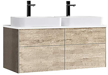 StoneArt Badmöbel Set Mineralguss Waschbecken Waschschale Aufsatzwaschbecken und Unterschrank Waschtisch Einzel- oder Doppelwaschbecken Venice VE-1200pro-5 Eiche hell 120cm
