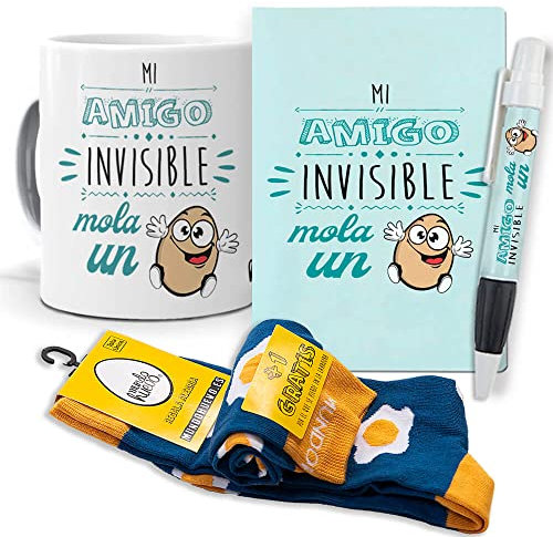 mundohuevo Super Regalo Personalizado para Amigo Invisible. Mi Amigo Invisible Mola un Huevo. Taza, libreta, boli y Trio de Calcetines