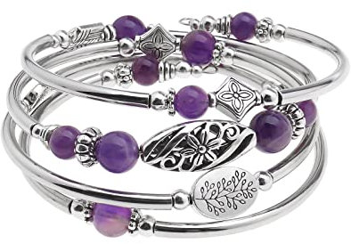 Create idea Bracelets Bohèmes Superposés Bracelet Jonc Chakra Perlé Améthyste Bracelet en Argent Superposé Bijoux Fantaisie Cadeaux pour Femmes Amis Dames