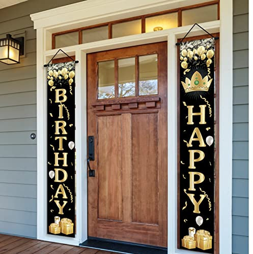 Happy Birthday Banner Party Decorations, Birthday Door Decorations Banner Happy Birthday Backdrop Personalised Birthday Banners Party Decorations for Indoor and Outdoor Background Decor (Black)