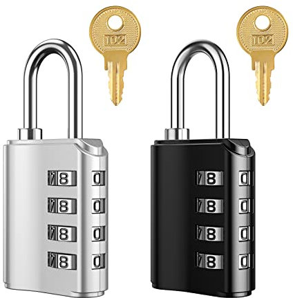 LOFICOPER Lot de 2 cadenas à combinaison, cadenas à combinaison à 4 chiffres avec 2 clés, design résistant aux intempéries, pour une utilisation en extérieur et intérieur, noir et argenté