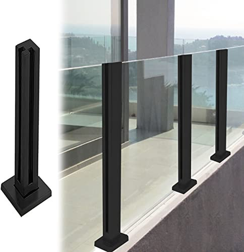 Garde Corps Verre Balustrade en Verre Poteau de Rambarde en Verre pour Balcon, Poteau de Clôture en Bois pour Plancher en Béton, Main Courante, Système Fixation Verre Noir L'intérieur et L'extérieur (