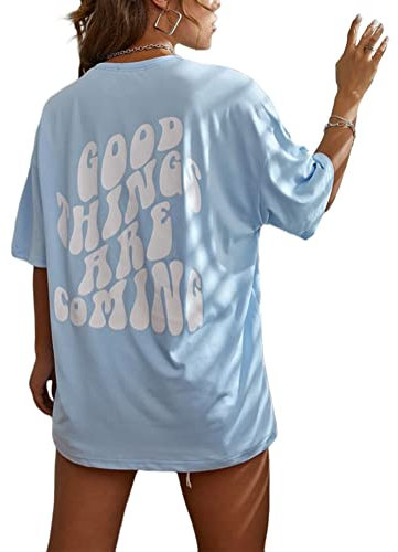 Tomwell T-Shirt Damen Kurzarm Sport Sommer Oberteile Oversize Tshirt mit Buchstaben Muster Lose Rundhals Rückendruck Bluse Teenager Mädchen Tunika Lang Top D Blau XXL