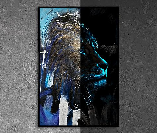 YS-Art XXL Abstrakt Fluoreszierendes selbst leuchtendes Acryl 3D Gemälde auf Leinwand Erwachen der Kraft handgemalt Wohndekor Löwe Bild echte Kunst 140x100 cm