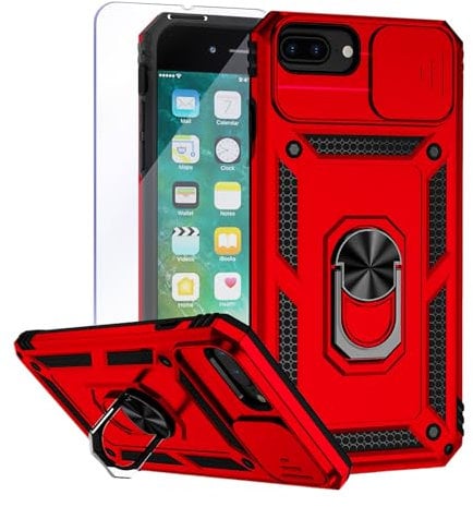 Teayoha Camera Case for iPhone 7 Plus iPhone 8 Plus,with Screen Protectors, Military Grade Shockproof Cover with Magnetic Rotatable Ring Kickstand Protective Case (5.5-Inch),Red