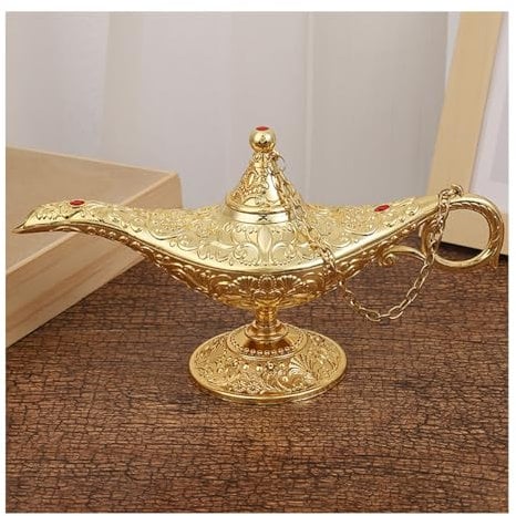 BLUVLY 34cm Large Gold Aladdin Magic Lamp, Metal Wishing Lamp Vintage Home Tea Oil Pot Aladdin Genie Wishing Lamp Household Ornaments, European Creative Retro Genie Lamp
