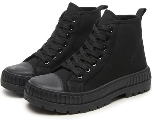 Rominz Women's White Platform Sneakers Fashion High Top Canvas Shoes for Women Black Lace-Up Canvas Sneakers Casual Platform Tennis Shoes(All Black,US8)