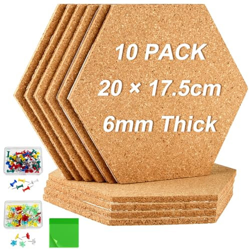 PLULON 10 Pack Cork Boards for Walls Hexagon Cork Tiles 20 x 17.5cm, 6mm Self Adhesive Bulletin Board with 100 Push Pins 50 Pcs Sticky Notes for Home School Office
