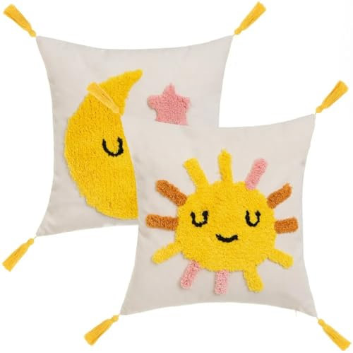 Set de 2 Cojines Infantiles de Sol y Luna Iris Multicolor de Tela Pelo de 45x45 cm con Relleno (Sol y Luna)