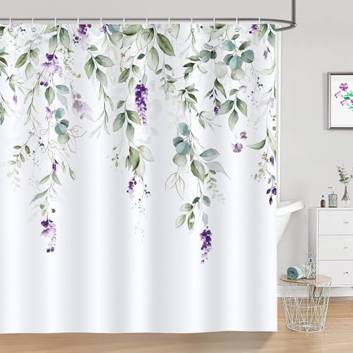 Bonhause Rideau de Douche Vert Sauge Feuille Eucalyptus Fleur - Tissu Polyester Anti Moisissure Imperméable Lavable pour Salle de Bain - 180 x 180 cm avec 12 Crochets pour Baignoire