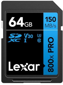 Lexar High-Performance 800x PRO SD Card 64GB, SDXC UHS-I Card, SD 3.0 Card up to 150MB/s Read, V30, U3, C10 SD Memory Card for Point-and-shoot Camera/Mid-range DSLR/HD Camcorder (LSD0800P064G-BNNAA)