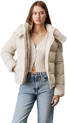 Calvin Klein Damen Pufferjacke Matte Short Puffer mit Kapuze, Beige (Pelican), M