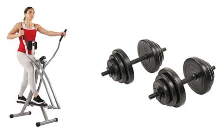 Sunny Health & Fitness Elliptical Cross Trainer w/LCD Monitor, Air Walker Exercise Machines + Exercise Vinyl 18KG Dumbbell Set Hand Weights for Strength Training, Weight Loss, Workout Bench