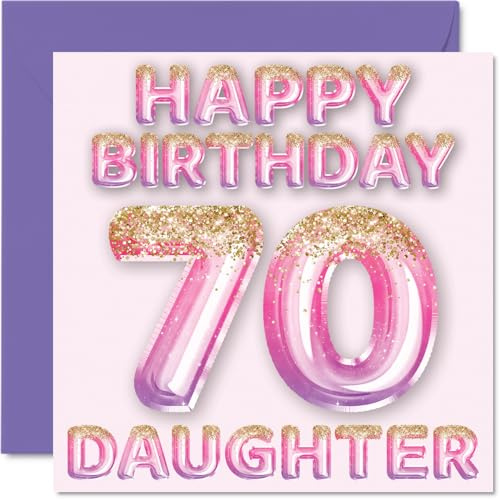 70th Birthday Card for Daughter - Pink & Purple Glitter Balloons - Happy Birthday Cards for 70 Year Old Daughter from Mum Dad Parents, 145mm Bday Greeting Cards Gift