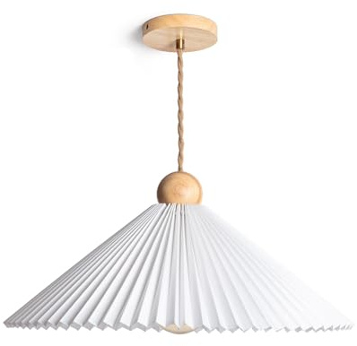 LEDKIA Pendelleuchte Holz und Stoff Luanda Weiß | Natürlicher Stil | Ø470 mm | Holzrosette & PC | E27 Fassung