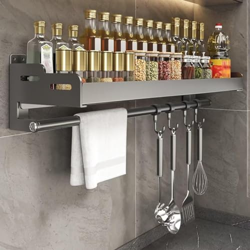 Scaffale da Cucina a Parete in Acciaio Inox con Portaoggetti, Ganci e Portaspezie - Soluzione Senza Trapano per Appendere Utensili e Condimenti
