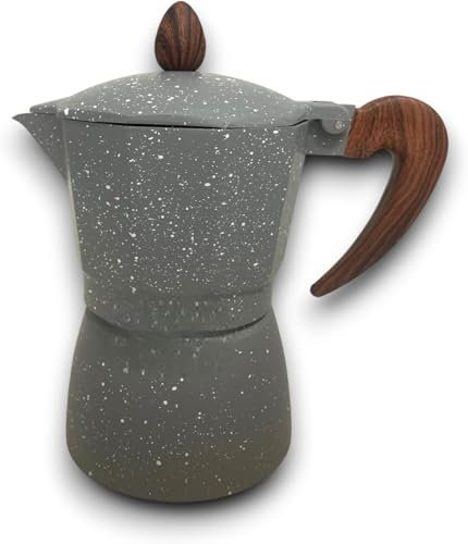 Caffettiera Moka Classica Disponibile in Versioni da 1, 2 o 3 Tazze Design Elegante in Alluminio Verniciato Manico Ergonomico Antiscottatura Effetto Legno, Caffè Italiano (Grigio - 2 tazze)