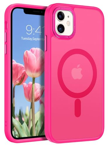 BENTOBEN Funda Magnética para iPhone 11 6,1''Compatible con Magsafe y Carga Inalámbrica Carcasa Translúcida Mate Trasera Fina Híbrida Protección contra Caídas Resistente a Arañazos-Rosa Roja
