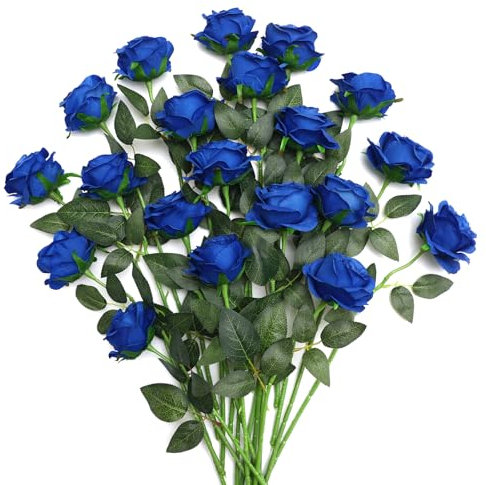 JUSTOYOU 20 PCS Blaue Rose künstliche Blume, Seide blühende Rose mit Stiel, künstliche Rose Bouquet Realistische Blume für Home Table Office Party Hochzeit Garten Arrangements (Blau Blossom Rosen)
