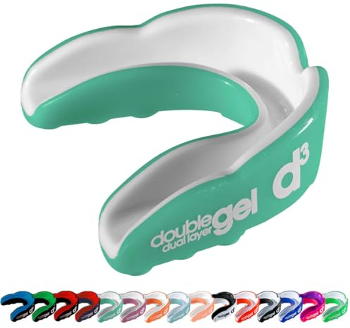 d3 Double Gel Mouthguard wth Case (Mint Green/White, Youth (Under 12)) Gum Shield for Boxing, MMA, Contact Sports, Rugby, Martial Arts, Judo, Karate, Hockey