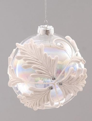 Pallina Albero Di Natale In Vetro Trasparente Con Fiori Bianchi 12cm - Varzi il Natale dal 1956