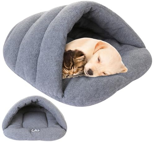 Hundebett mit Kapuze, Katze Schlafsack, Winterthermalsbett mit Kapuze, halb bedeckte Hundekatze Höhle, Welpenhöhlenbett, faltbares gemütliches Haustierbett für Katze, Hund, L.