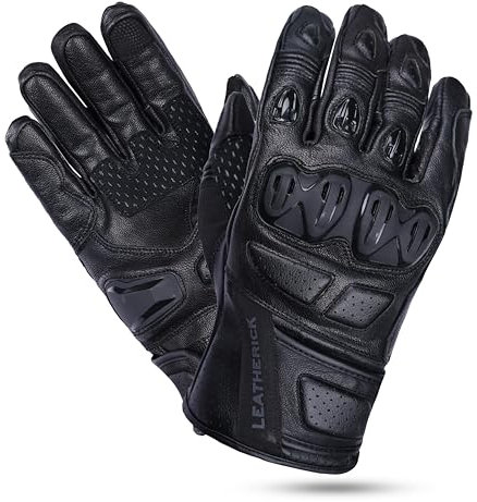 Leatherick Herren-Motorradhandschuhe, schwarzes Echtleder, CE-Zertifiziert, mit schützenden Knöcheln, gepolsterter Handfläche mit TPR-Schieber und Touchscreen-Kompatibilität (Schwarz, L)