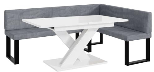 MEBLINI Eckbank für Esszimmer mit ausziehbarem Tisch - Küchenbank - Essecke - Sitzecke Küche - Toni - U-Beine 142x196x87cm Rechts - Grau Samt/B Weiß Hochgl.