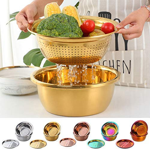 Stainless Steel Basin Sink Kitchen Colander Set with Fine Mesh Basket Grater Drain Tray Gold Finish