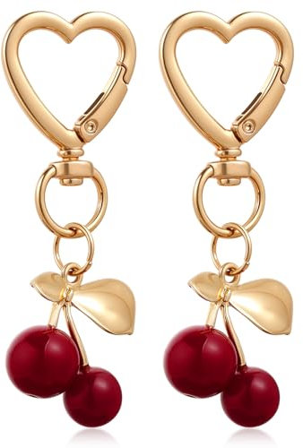 MBAIYO 2 Stück Kristall Kirsche Schlüsselanhänger, Modischer Glitzernder Kirsch-Anhänger Herz-Schlüsselring Süßer Taschenanhänger ästhetischer Obst Schlüsselanhänger für Geldbörse Rucksäcke Auto Damen