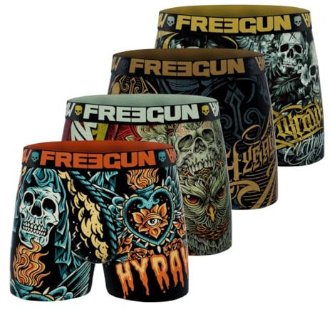 FREEGUN Hyraw Men's Boxer Shorts Pirates Skull, Original and Comfortable (Pack of 4), Orange/Green/Yellow/Black, M