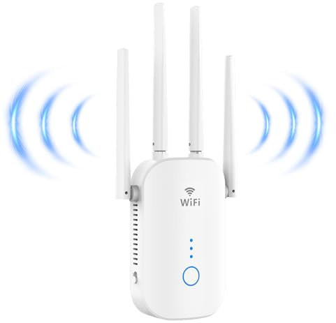 Ripetitore WiFi Potente per Casa, 1200Mbps WiFi Extender 5GHz & 2,4GHz Dual Band Amplificatore wifi Supporta Modalità Ripetitore/Router/AP, Ripetitori con WPS, Porta Ethernet, 4 Antenne (Bianco)