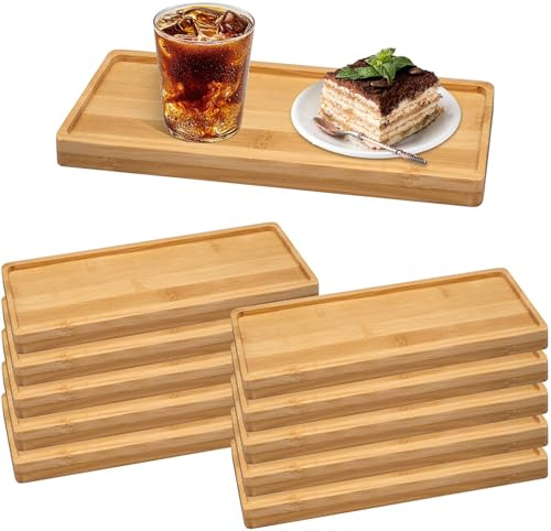 10er Set Kleine Bambus Tabletts, 28 x 10 cm Rechteckig Holztablett | Holz Serviertabletts Servierplatte Deko für Kuchen Kaffee Snacks Tee Dessert Gastronomie Pflanzen Untersetzer