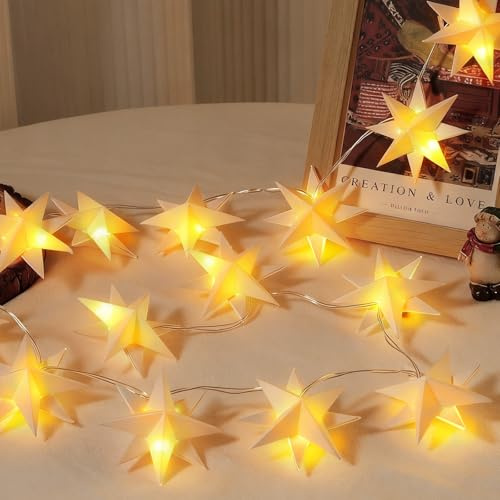 Lewondr 20 LED Stern Lichterkette Batteriebetrieben, 2,05M Hängende Papiersterne Weihnachten Mit Timerfunktion, Lichterkette Papier Für Innenbereich Party Hochzeit Weihnachtsdekoration