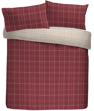 Dreams & Drapes Lodge Wynn Double Duvet Cover Set, 100% Brushed Cotton, 200x200cm, Burgundy, Checkered Pattern, Reversible