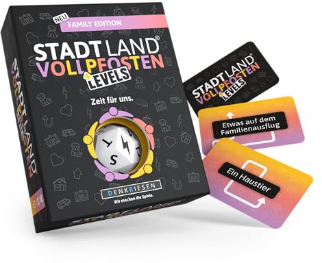 DENKRIESEN - Stadt Land Vollpfosten® Levels – Family Edition – Zeit für Uns. | 60 Karten | ab 8 Jahren | ca. 30-60min | 2-6 Spieler | Familienspiel | Reisespiel | Stadt Land Fluss