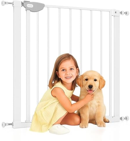 BATHBY Barrera de Seguridad para Niños y Mascotas, 75-84cm, Blanca, Instalación Sin Tornillos, Sistema de Cierre Automático, Giro Bidireccional, para Puertas, Pasillos y Escaleras