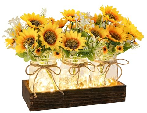 SUNNY BROOK 3PCS Artificial Spring Sunflowers in Mason Jars with Rustic Wood Tray, Fake Floral Centerpiece, Faux Silk Flower for Farmhouse Home Spring Décor Kitchen Coffee Table Arrangement, Yellow