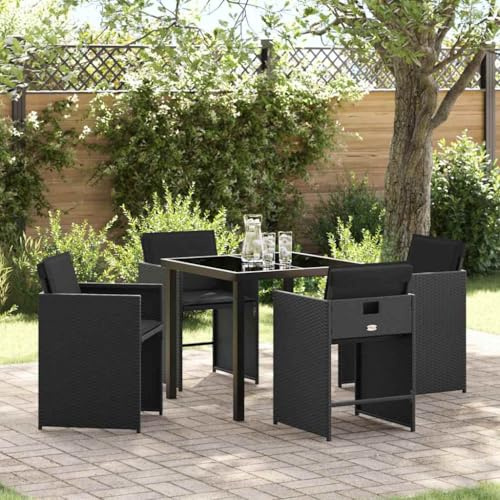 Bucmath Garten Essgruppe 5-teilig Schwarz Poly-Rattan, wetterfestes Outdoor Möbelset mit 4 Stühlen und Tisch, langlebige Terrassenmöbel für Balkon, Moderne Sitzgruppe