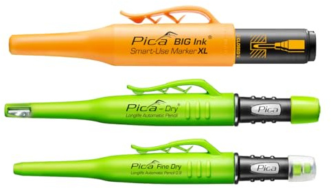 Pica Allround-Set I Dry Tieflochmarker + Fine Dry Druckbleistift + Big Ink | Dry 3030 Tieflochmarker + Fine-Dry Druckleistift + Big Ink sw I Spitzer und Halteclip I nachfüllbar, Staub- und Nässeschutz