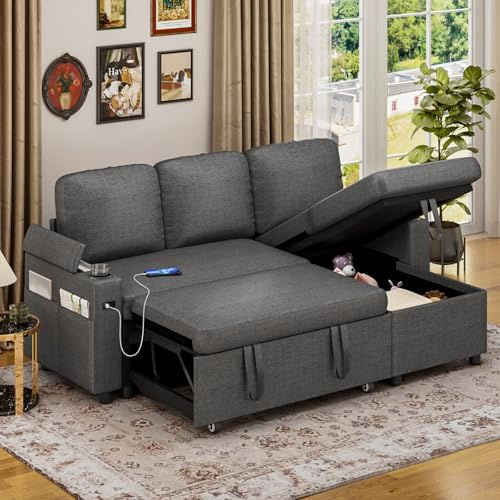 Jooli H Corner Sofa Bed, 3-in-1 Convertible Sleeper Sofa Couch with 5 Adjustable Backrest, Storage Armrest and USB Charge, 3 Seater Linen Pull Out L Shaped Sofa Bed for Living Room, Bedroom, Grey